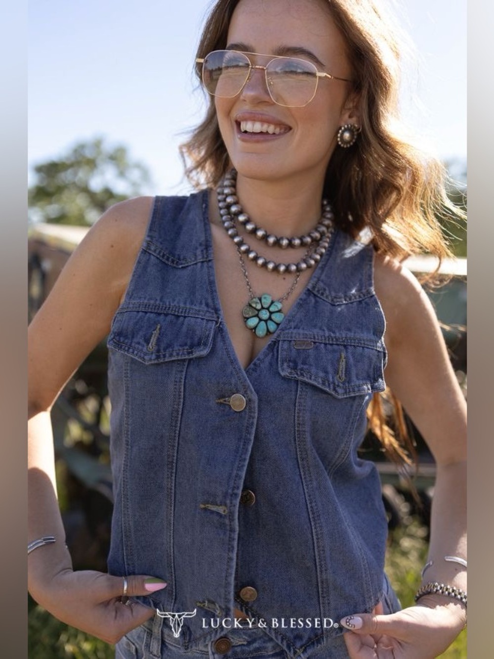 Lucky & Blessed Classic Mid Wash Button Down Denim Vest